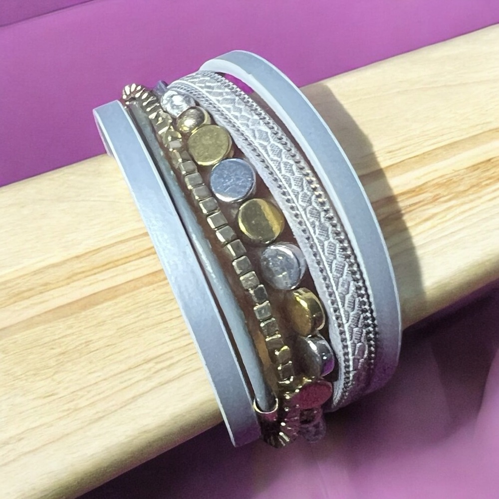 Boho Silver and Gold Multi-Layered Wrap Bracelet with Magnetic Closure - Picture 5 of 11